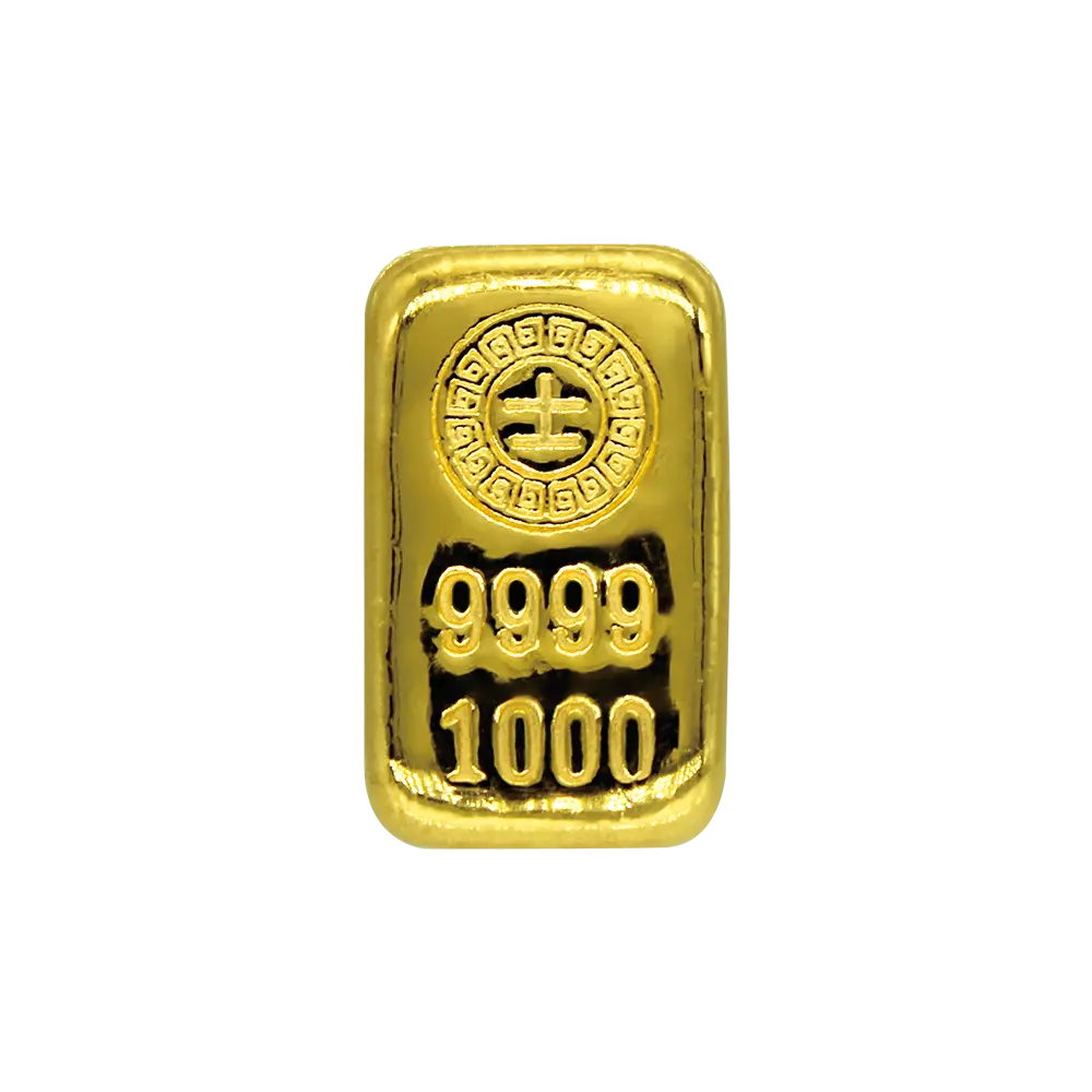 純度99.99%的黃金條塊，品牌為港口王賓士金條，重量為一台兩，由港口王貴金屬有限公司製造。